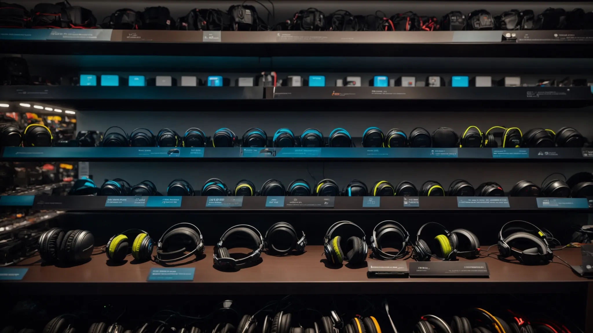 rows of gaming headsets line the shelves of a brightly lit electronics store.