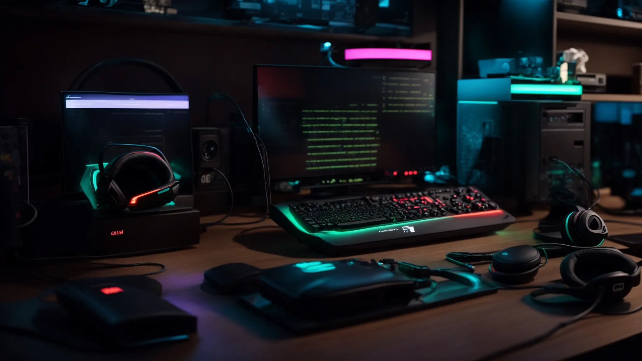 a glowing computer setup with a collection of gaming headsets on a desk, highlighting their sleek designs.
