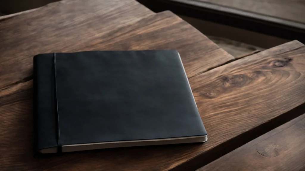 a notebook with a black cover, lying closed on a wooden table.