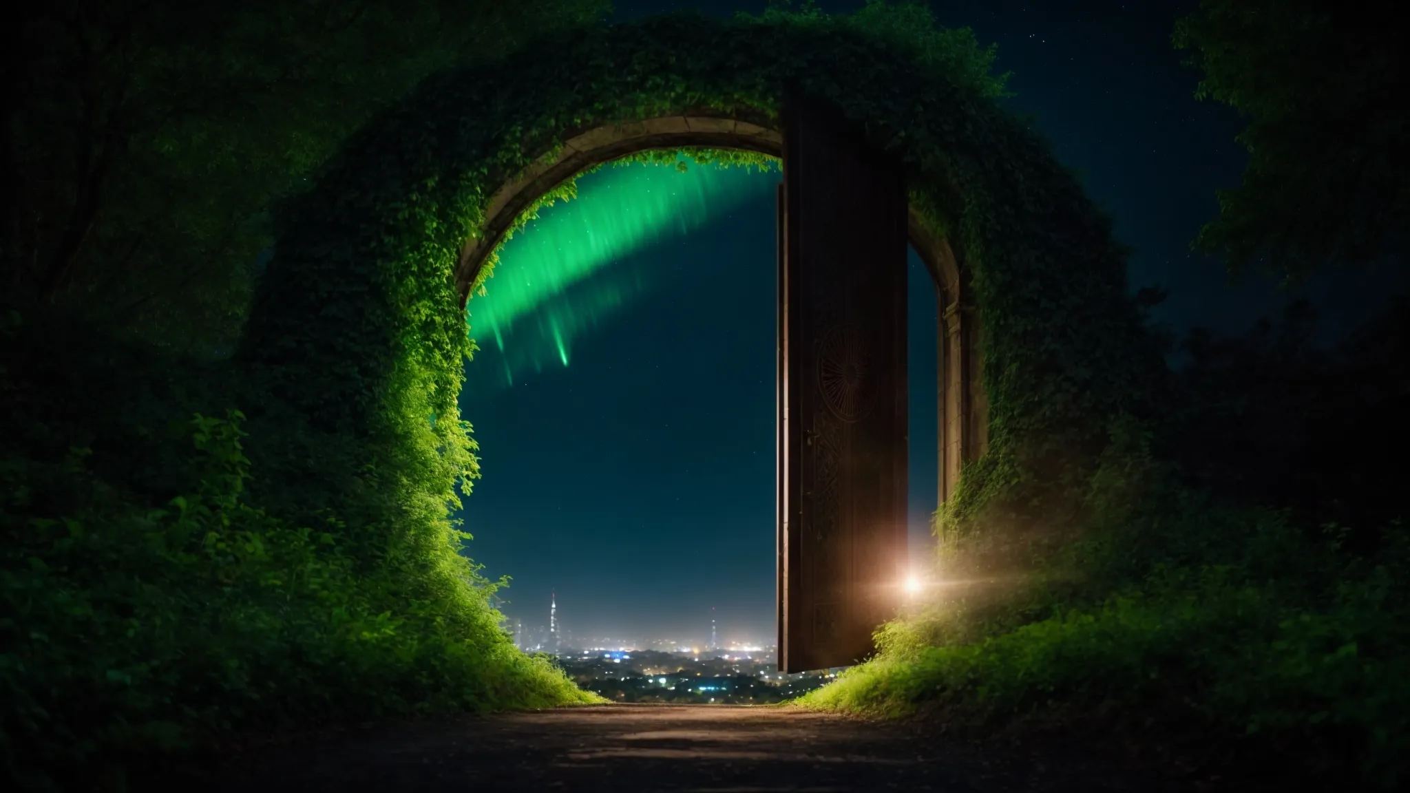 a glowing portal opens between two worlds, one lush and green, the other a shadowy city with towering structures under a starlit sky, beckoning adventurers into realms both enchanting and menacing.