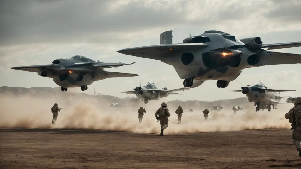 a squadron of futuristic soldiers leaps from an aircraft into a sprawling battlefield with alien terrain.