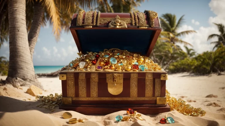 a vibrant treasure chest overflowing with gold and jewels sits on a deserted island under the palm trees.