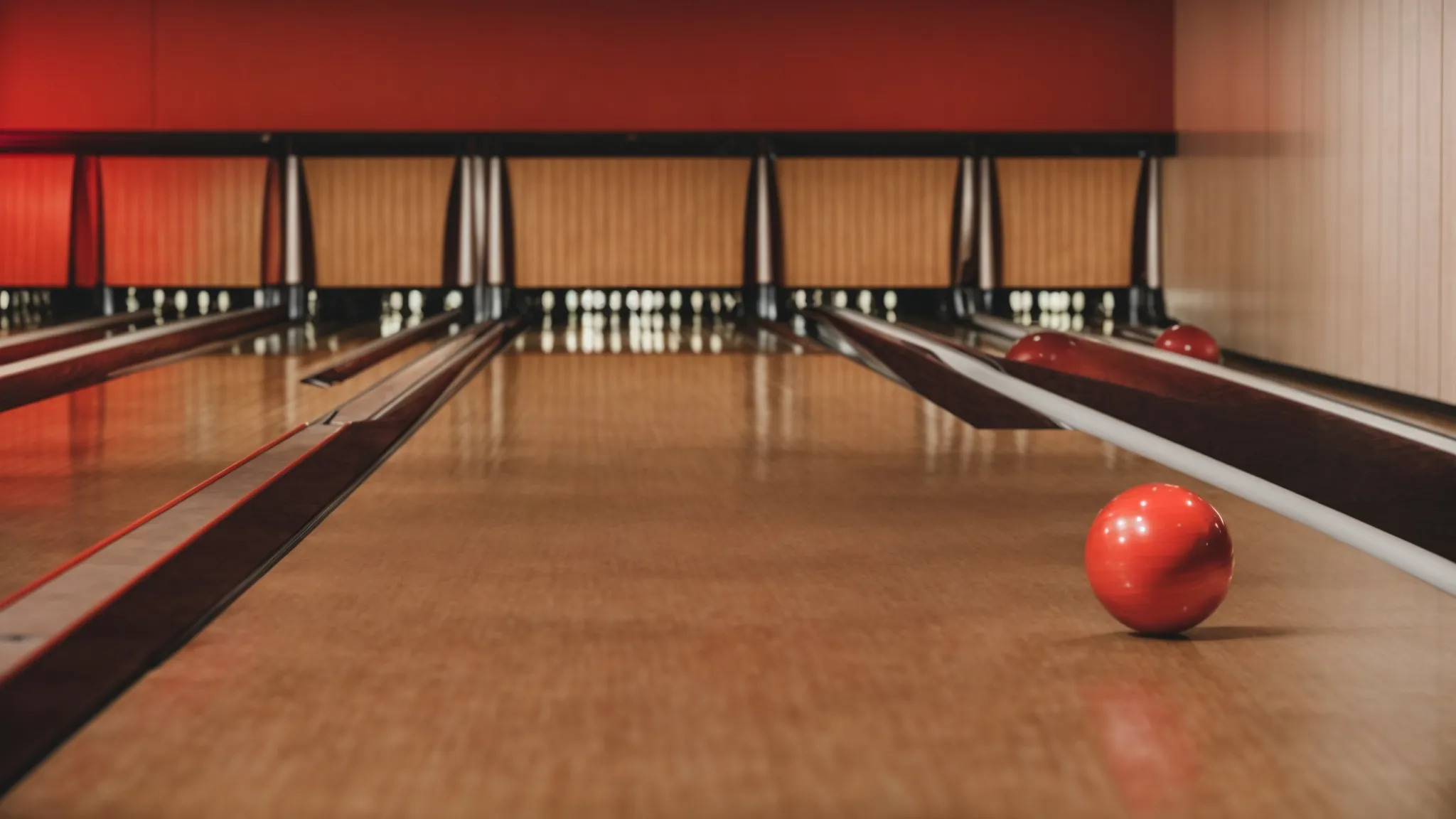 a bowling ball inches away from striking a full set of pins at the end of a bowling alley.