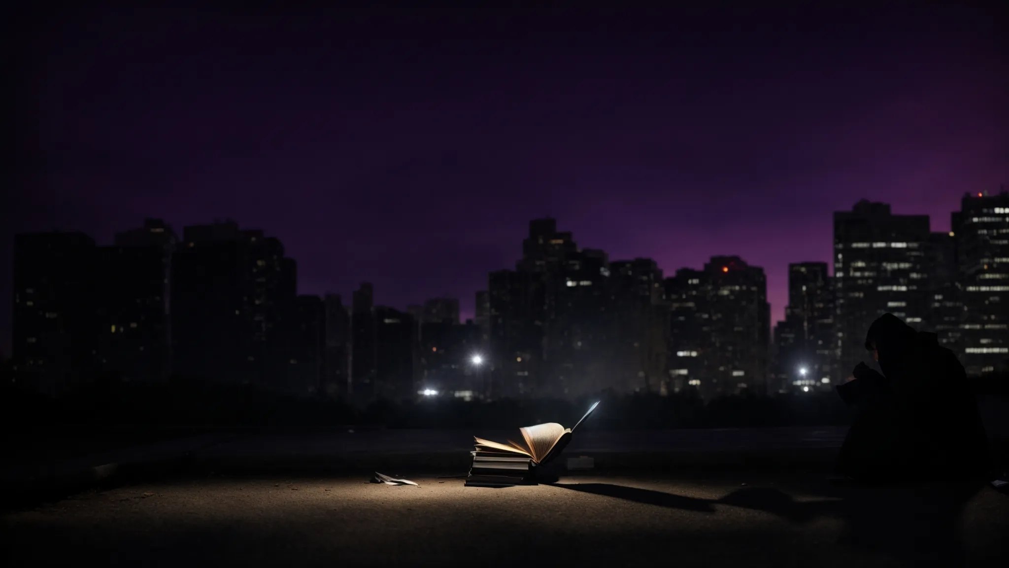 a shadowy figure holds a tattered book against an urban backdrop, under the canopy of twilight.