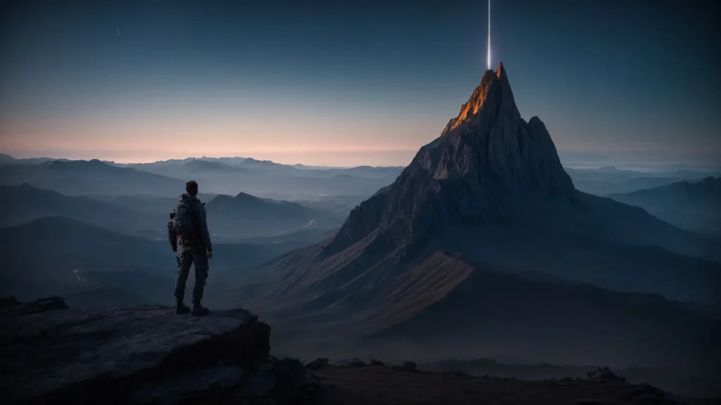 a player character stands triumphantly atop a mountain, gazing out at a sprawling, alien landscape under a starlit sky.
