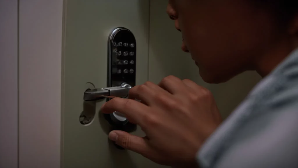 a close-up view of a person using a tool to adjust the settings of a schlage keypad lock mounted on a door.